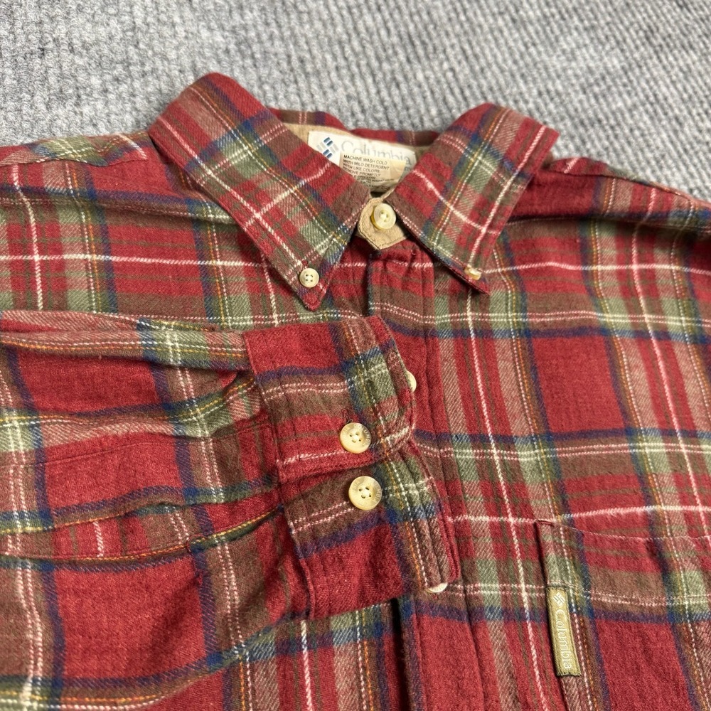 Vtg 90s Columbia Flannel Shirt Mens L Red Plaid Cotton Button Down Cabin Grunge